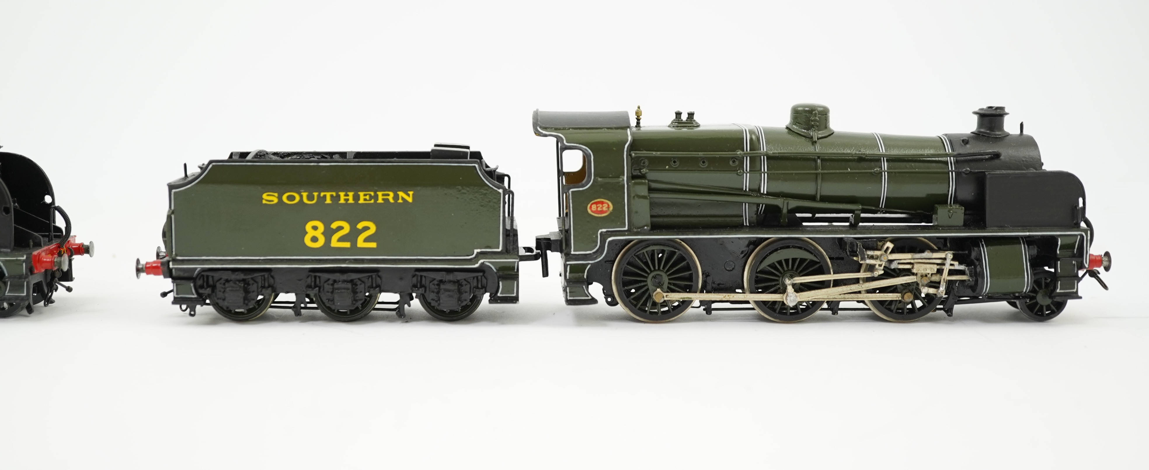 Two 00 gauge brass and white metal kit built Maunsell designed Southern Railway tender locomotives; a class S15 4-6-0, 823, together with a class N1 2-6-0, 822, constructed, painted and lined to a high standard, both mot